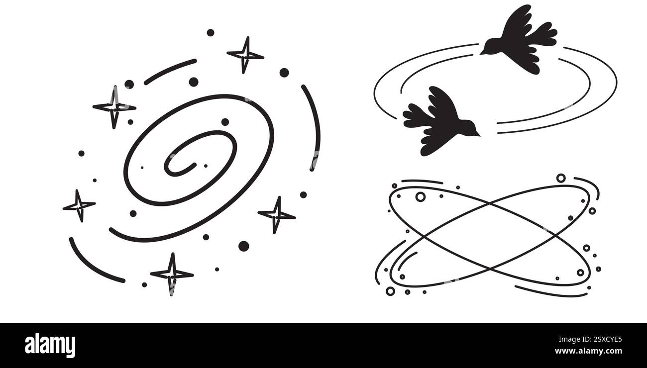 Effetti grafici di elementi emoticon fumettistici o manga vertigini disegnati a mano e ambientati isolati su sfondo bianco. Stile cartoni animati Illustrazione Vettoriale