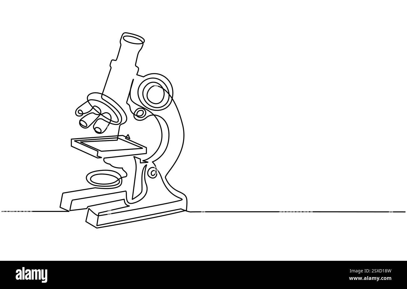 Laboratori di microscopio con disegno continuo su una linea. Illustrazione grafica a riga singola di apparecchiature da laboratorio Illustrazione Vettoriale