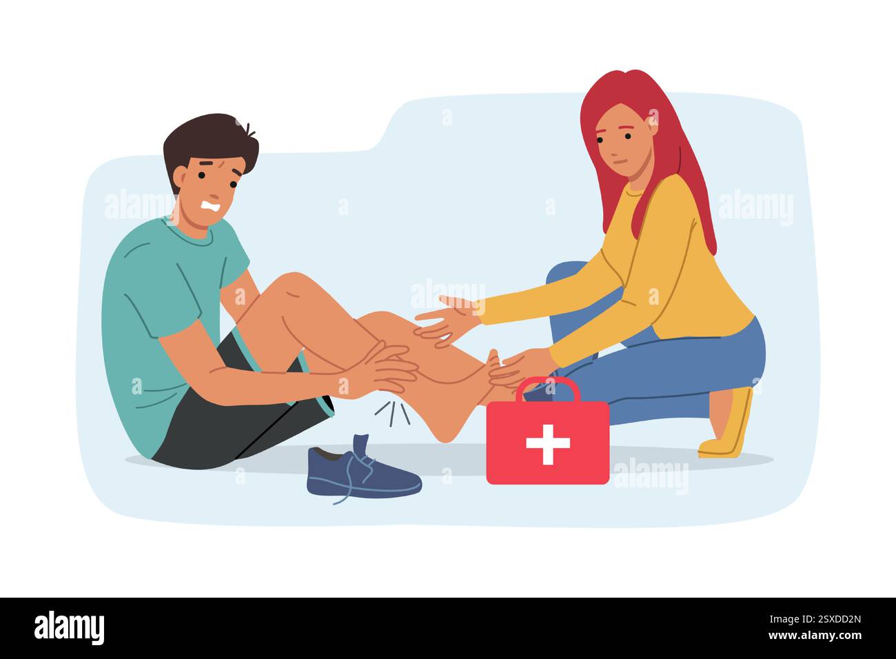 La donna rifiuta il pronto soccorso all'uomo con lesioni alle gambe dopo un incidente durante l'allenamento sportivo Illustrazione Vettoriale