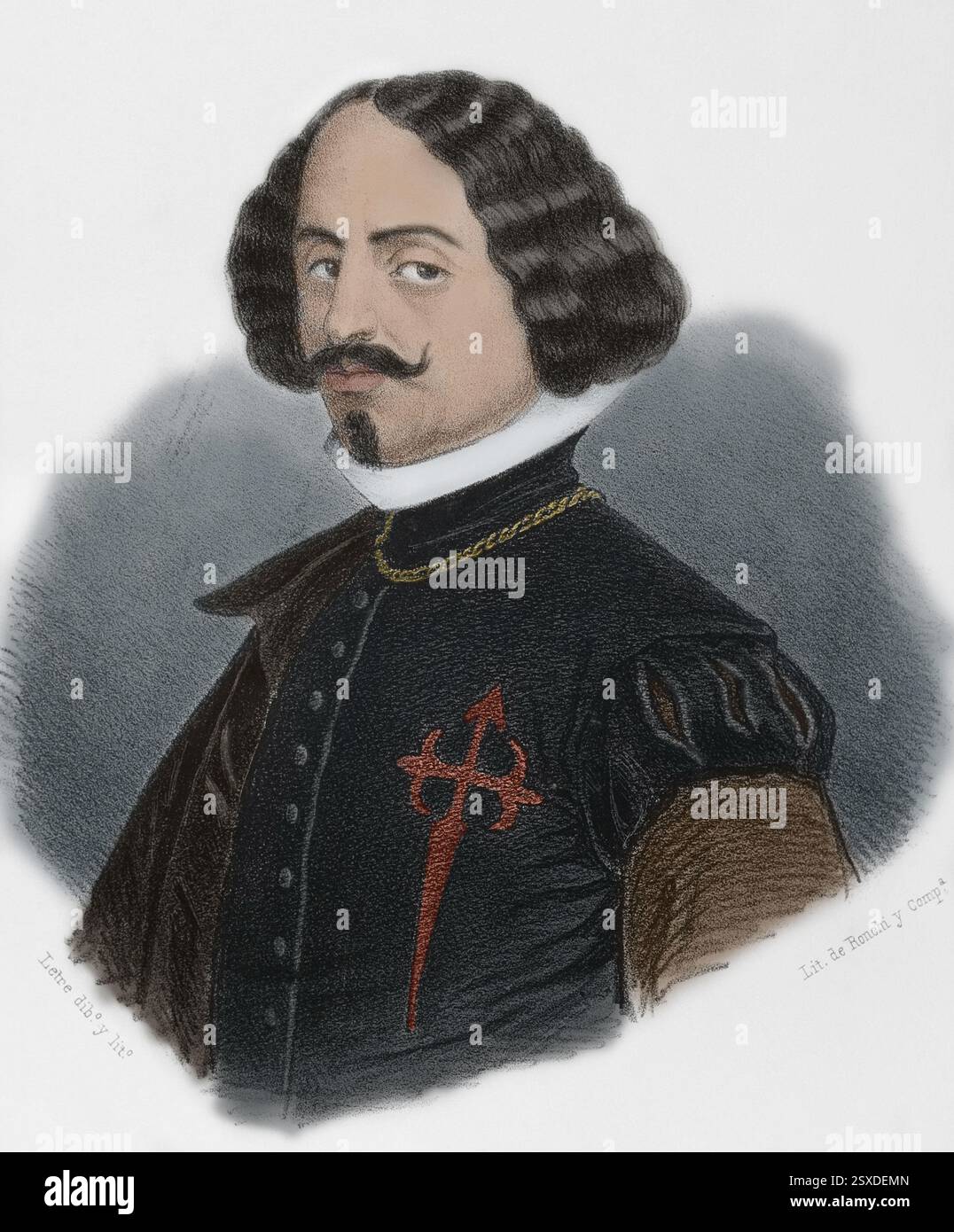 Diego Velázquez (Diego Rodríguez de Silva y Velázquez) (1599-1660). Pittore barocco spagnolo. Verticale. Disegno di Letre. Litografia. Colorazione successiva. Cronica General de España, Historia Ilustrada y Descriptiva de sus Provincias. Andalusia, 1867 anni. Foto Stock