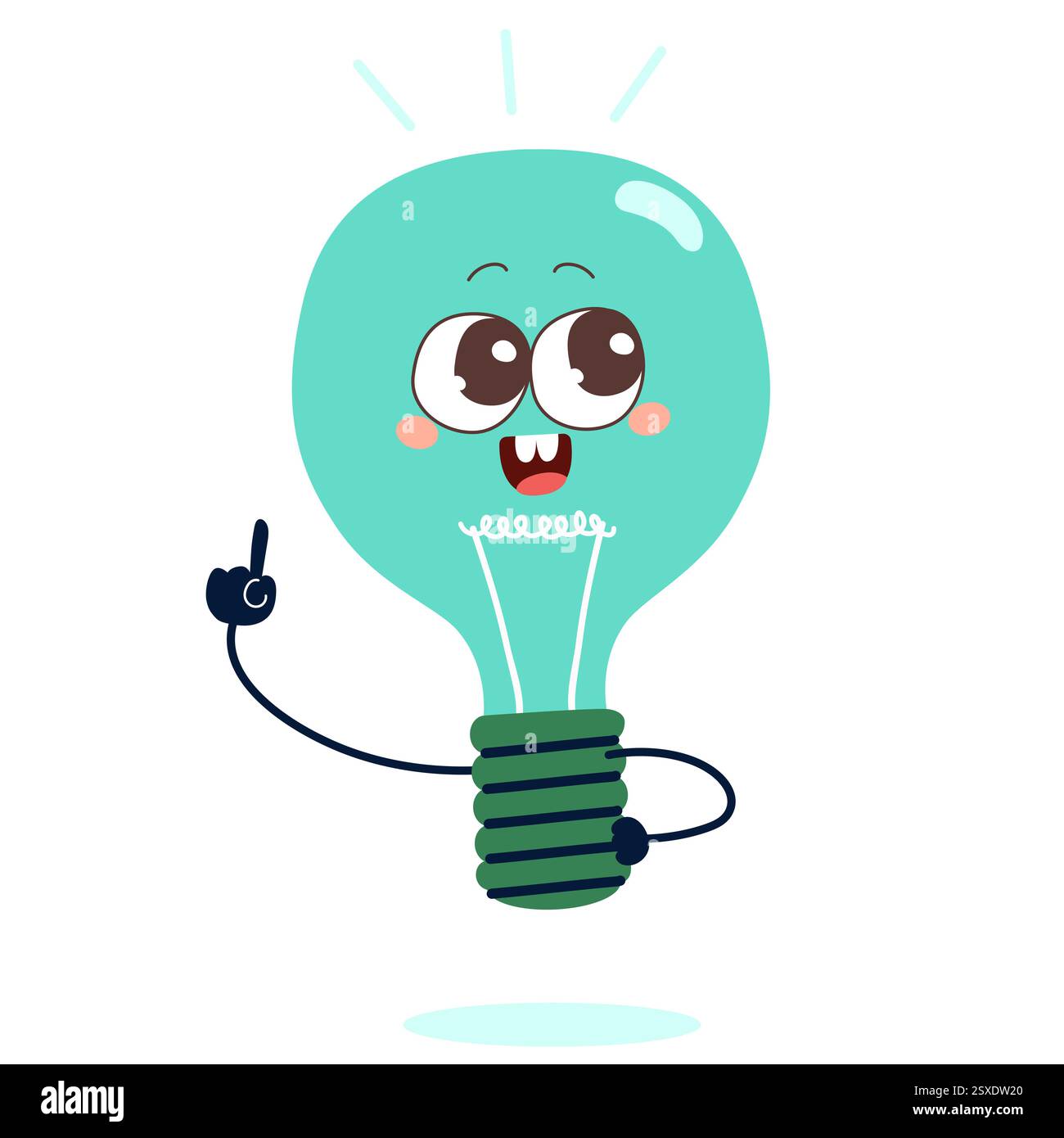 Illustrazione del cartone animato che mostra un simpatico personaggio di una lampadina verde che punta con il dito. Concetto rispettoso dell'ambiente Foto Stock