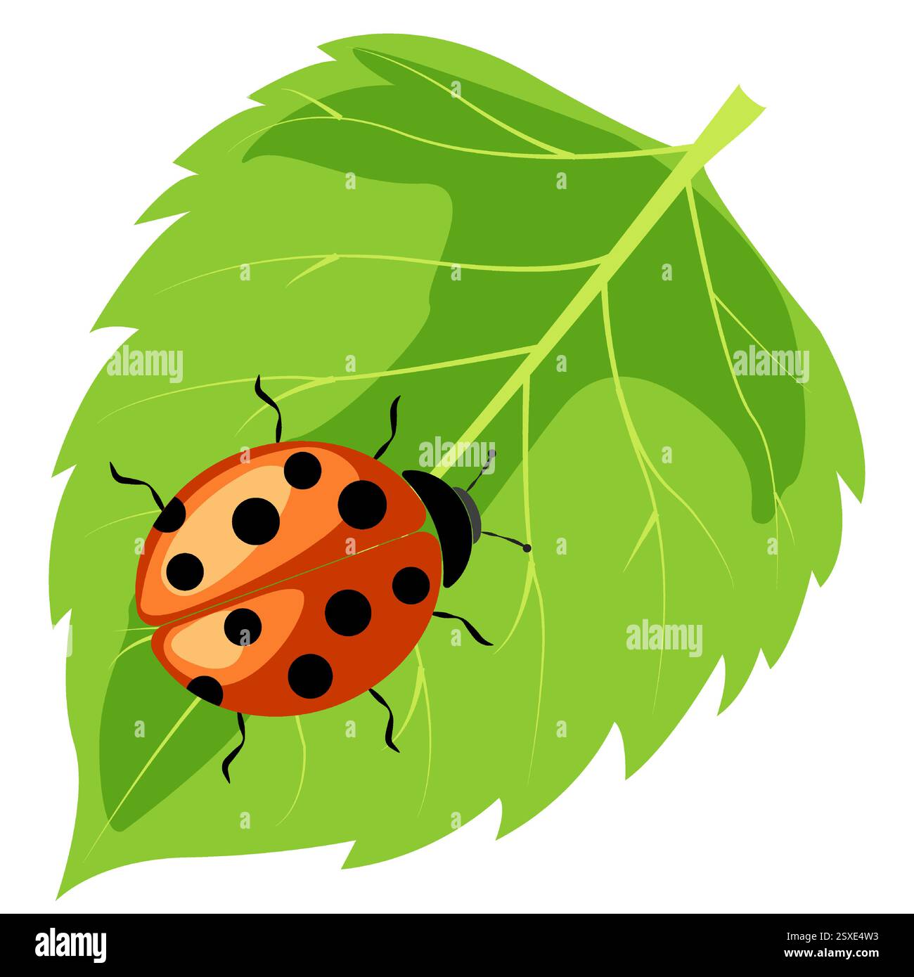 Coccinello appoggiato su una foglia verde vibrante sotto un cielo azzurro limpido in un tranquillo giardino Illustrazione Vettoriale