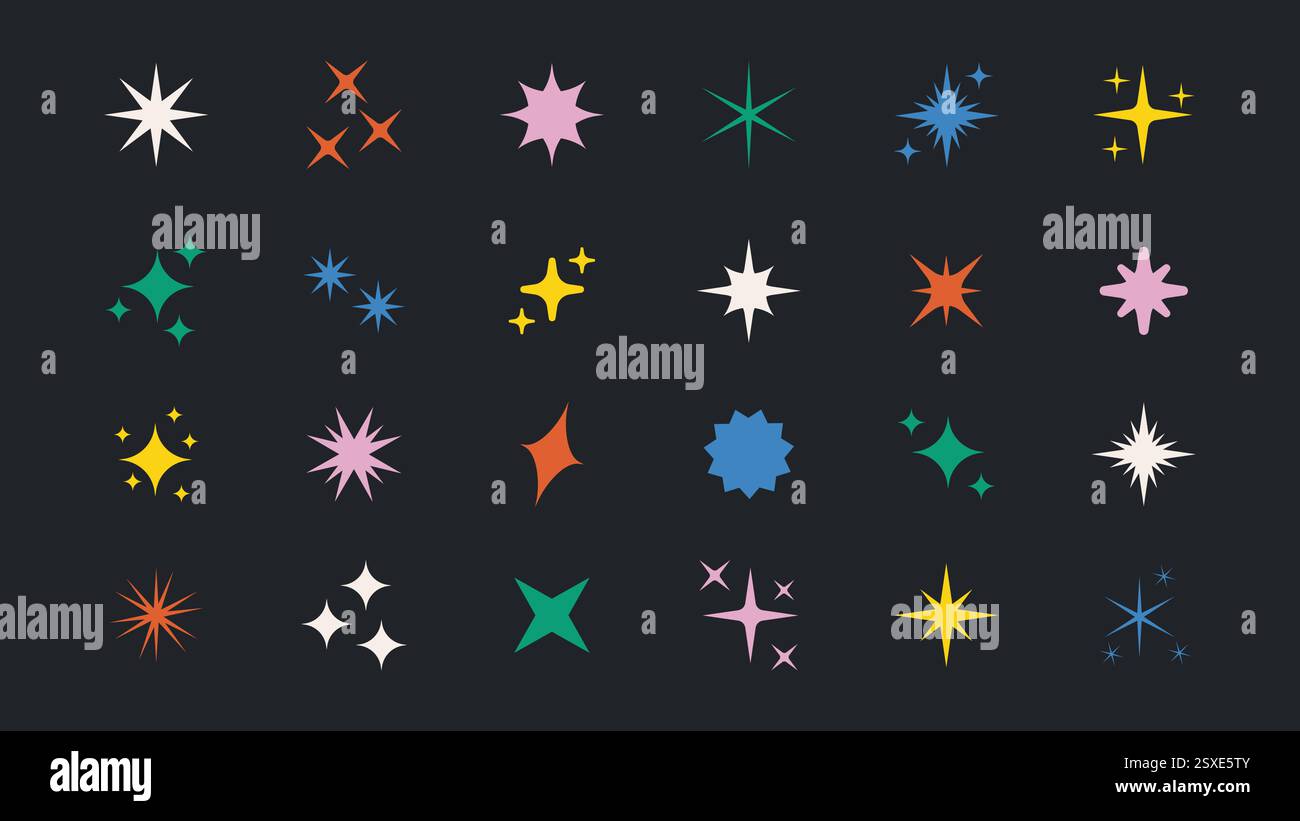 Set di stelle colorate e contemporanee dalle forme scintillanti. Collezione rétro futuristica di icone vettoriali luminose con segni astratti di lucentezza. Scintillante Illustrazione Vettoriale