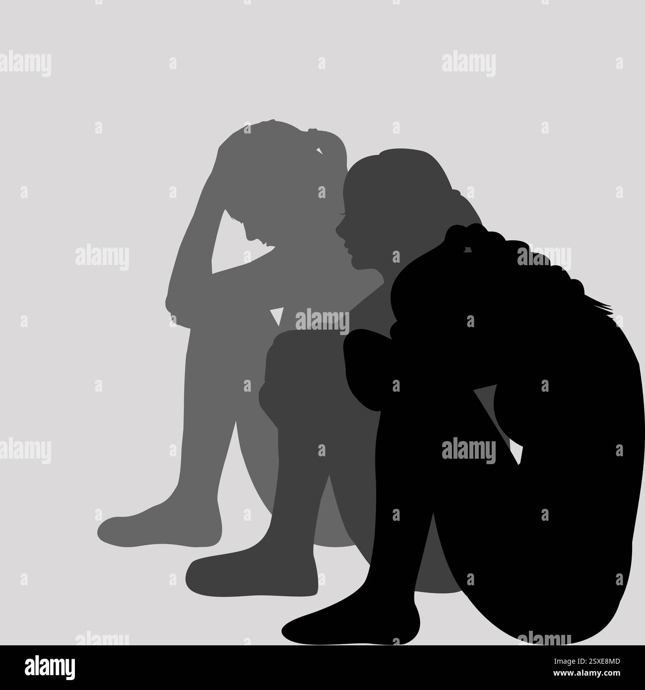 Set di tre silhouette di donne tristi sedute sul pavimento Illustrazione Vettoriale