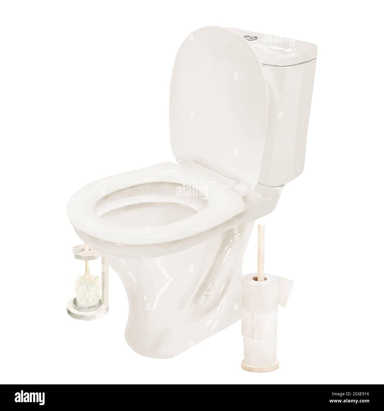 WC in porcellana bianca con coperchio rialzato. Carta igienica e rotoli di carta igienica sul supporto. Illustrazione digitale acquerello. Utensili per la pulizia delle abitazioni isolati o Foto Stock