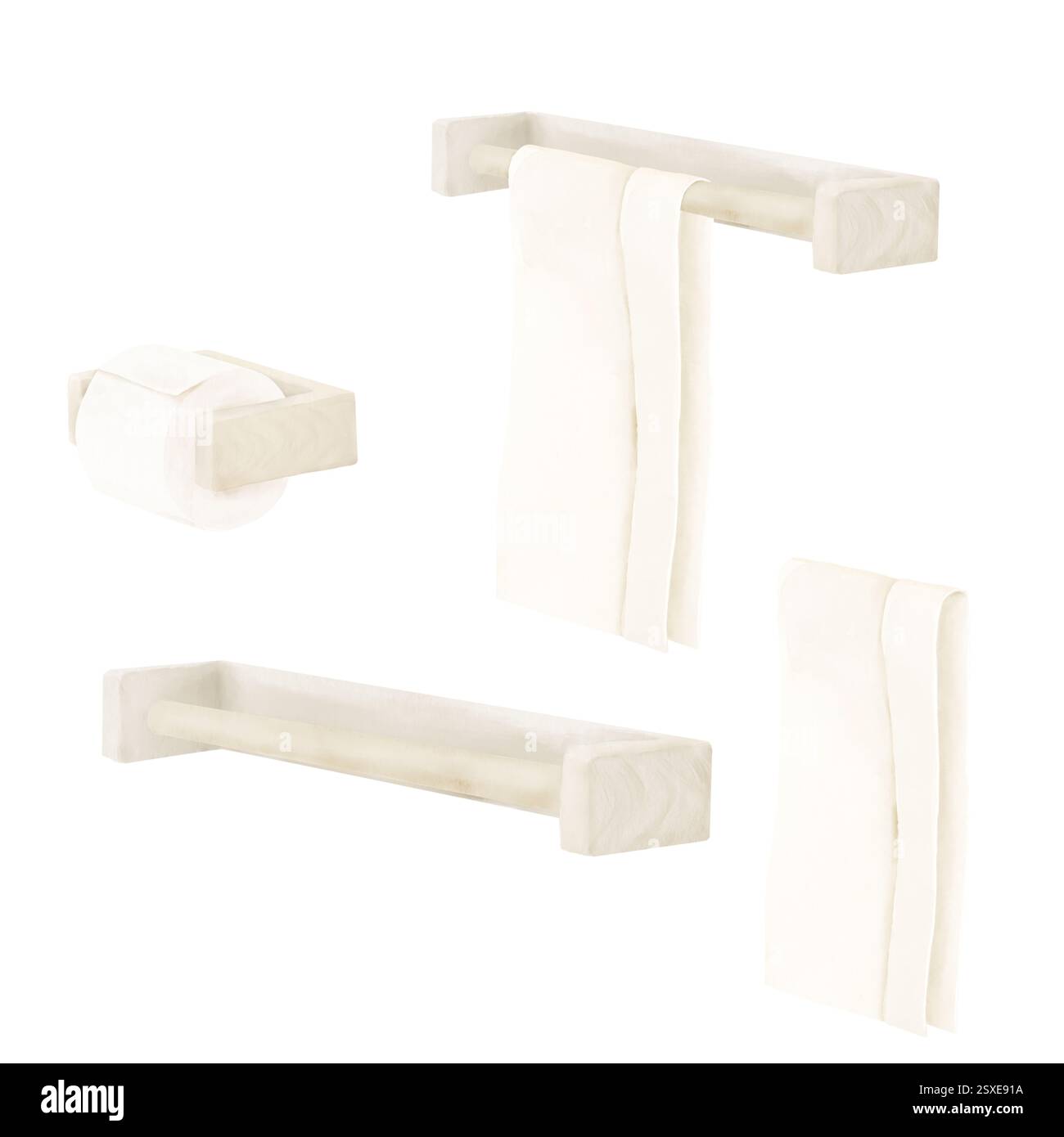 Carta igienica nel supporto e asciugamano da bagno sullo scaffale. Illustrazione digitale acquerello. Asciugamano da cucina e ripiano in legno isolato su sfondo bianco. Per int Foto Stock