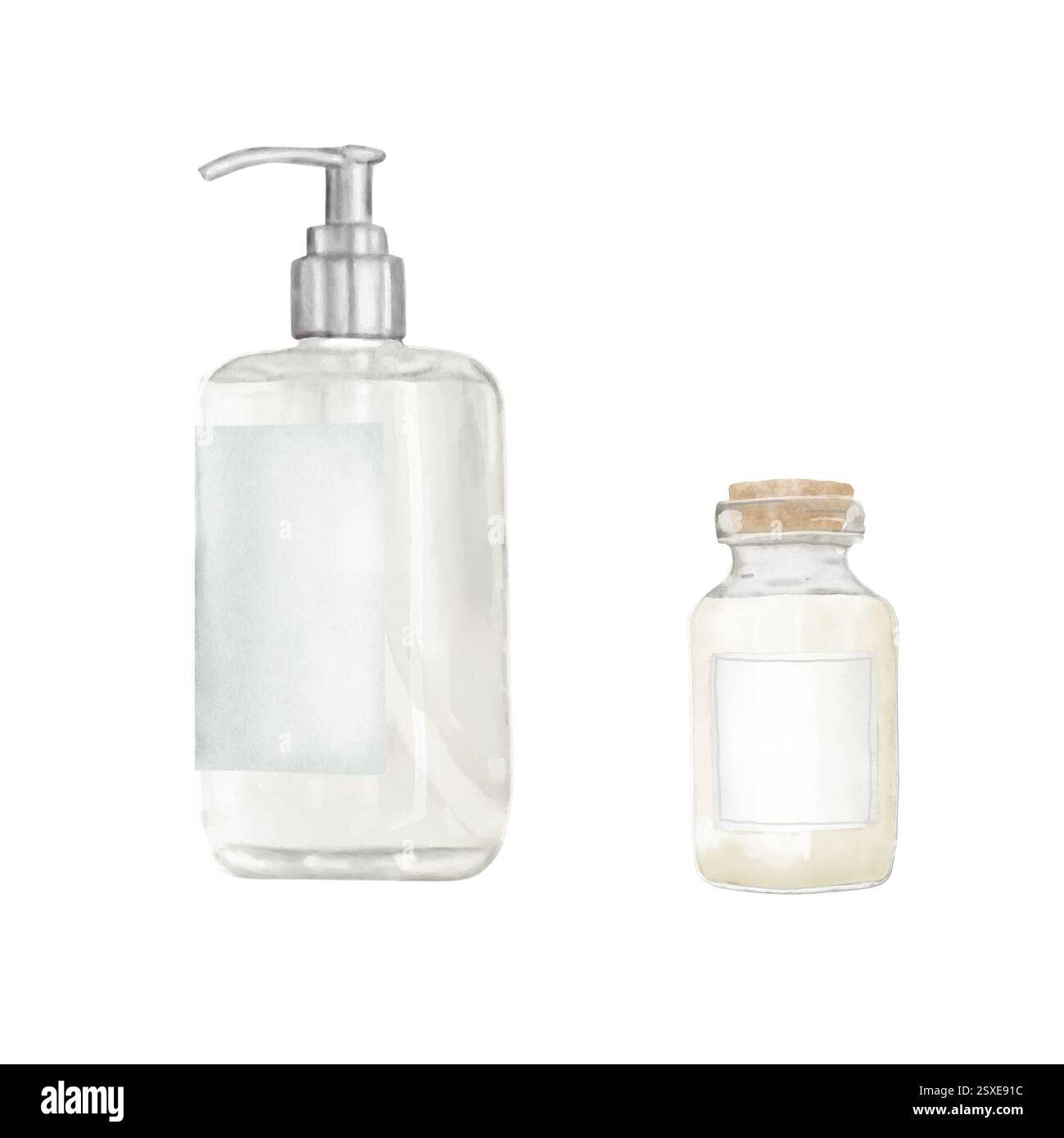 Flacone in vetro trasparente con tiralatte e vaso con coperchio in legno. Illustrazione digitale acquerello. Flacone con dispenser ed etichetta isolata su fondo bianco Foto Stock