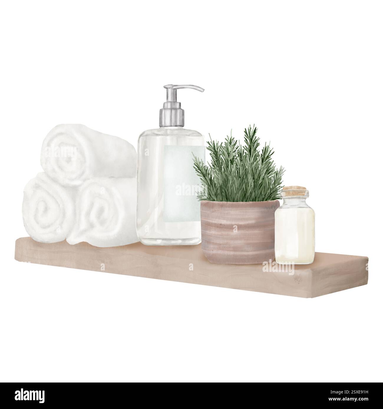 Flacone in vetro trasparente con tiralatte e asciugamani in rotolo su ripiano in legno. Illustrazione digitale acquerello. Pianta casalinga in vaso e vaso con coperchio isolato Foto Stock