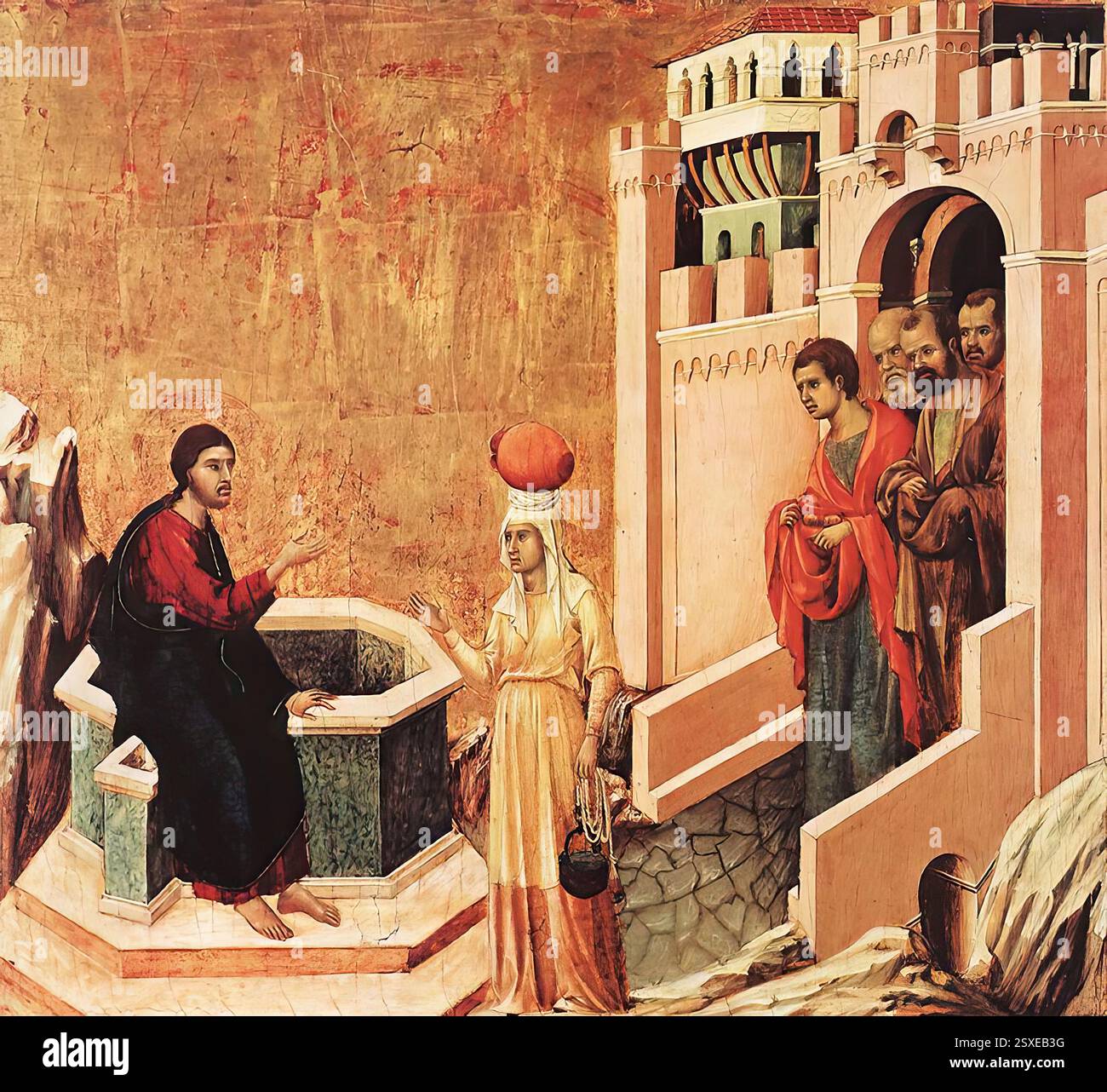 DUCCIO di Buoninsegna (nato ca. 1255, Siena, d. 1319, Siena) Cristo e il Samaritano 1308-11 Tempera su legno, 43,5 x 46 cm Collezione Thyssen-Bornemisza, Madrid ancora una volta architettura urbana, accurata e regolare nella sua struttura strutturale, conferisce colore alle scene. In Cristo e nel Samaritano la compattezza geometrica della città di Sichar e il pozzo su cui Cristo siede sono in contrasto con la leggera figura della donna. --- parole chiave: --------------- Autore: DUCCIO di Buoninsegna titolo: Cristo e il Samaritano Time-line: 1301-1350 Scuola: Forma italiana: Foto Stock