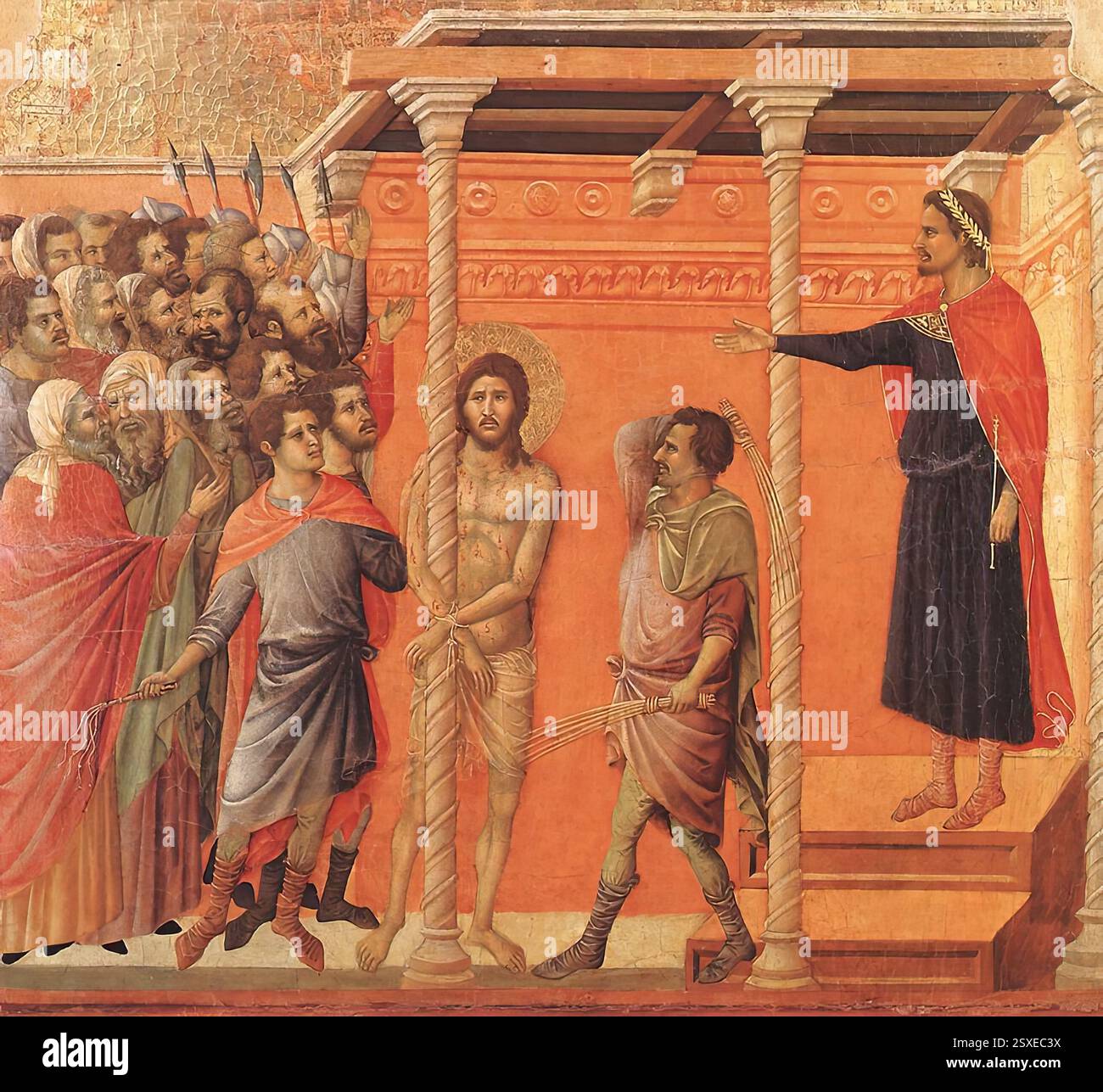 DUCCIO di Buoninsegna (nato ca. 1255, Siena, d. 1319, Siena) Flagellazione 1308-11 Tempera su legno, cm 50 x 53,5 Museo dell'Opera del Duomo, Siena considerando che la Flagellazione è a malapena menzionata nei Vangeli, i dettagli descrittivi mostrano notevole inventiva, volta a illustrare ogni momento della passione. La figura di Pilato disobbedisce a tutte le regole della prospettiva: Sebbene evidente dalla seduta su cui si trova che si trova all'interno dell'edificio, riesce a stendere il braccio davanti al pilastro, in posizione parallela al livello orizzontale del pavimento. Foto Stock DUCCIO di Buoninsegna (nato ca. 1255, Siena, d. 1319, Siena) Flagellazione 1308-11 Tempera su legno, cm 50 x 53,5 Museo dell'Opera del Duomo, Siena considerando che la Flagellazione è a malapena menzionata nei Vangeli, i dettagli descrittivi mostrano notevole inventiva, volta a illustrare ogni momento della passione. La figura di Pilato disobbedisce a tutte le regole della prospettiva: Sebbene evidente dalla seduta su cui si trova che si trova all'interno dell'edificio, riesce a stendere il braccio davanti al pilastro, in posizione parallela al livello orizzontale del pavimento. Foto Stock
