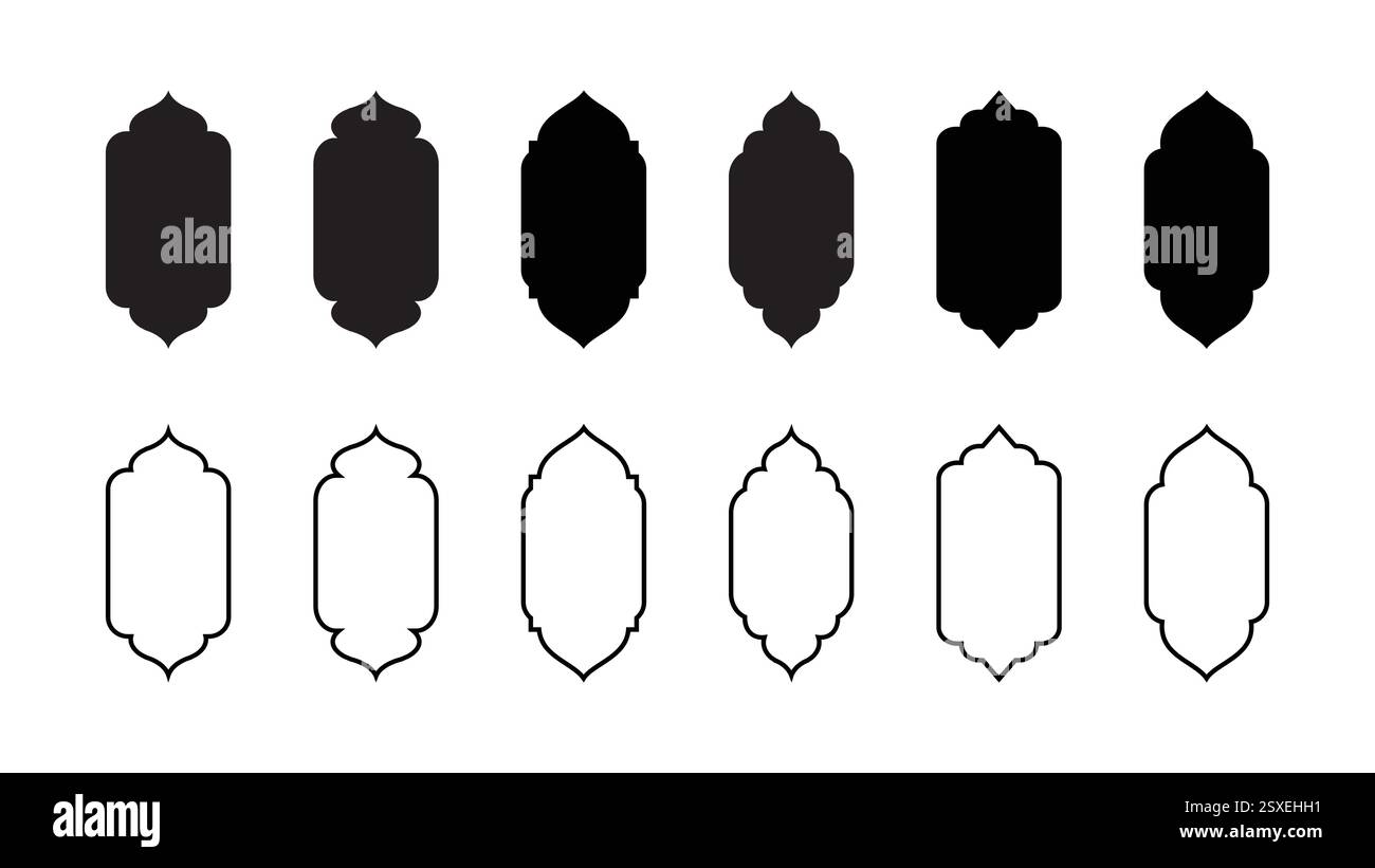 Eleganti finestre tradizionali islamiche in stile orientale. Telai di design Ramadan. Set di silhouette nera eid mubarak e design ramadan. Mo arabo Illustrazione Vettoriale