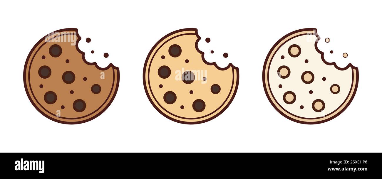 Set di icone vettoriali dei cookie. Biscottini e stuzzichini, colore piatto su sfondo bianco. Cibo da forno. Illustrazione vettoriale Illustrazione Vettoriale