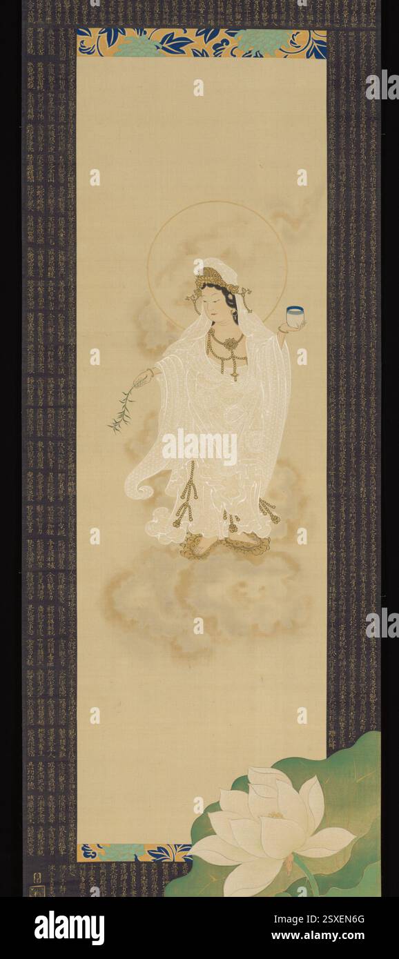 Un dipinto a pergamena appeso di Suzuki Shūitsu raffigurante il Willow Kannon con il bianco-Robed, una manifestazione del bodhisattva Kannon. Il pezzo utilizza dettagli raffinati, con il ramo di salice che simboleggia la guarigione e i fiori di loto che simboleggiano la purezza. Foto Stock