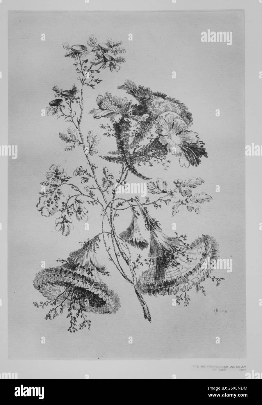 Questa lastra incisa da *Fleures Baroques* di Jean Pillement (1755), pubblicata da Carl Ernst Christoph Hess e Charles Leviez, mostra elaborati disegni floreali caratteristici del periodo rococò. Le incisioni di Pillement furono influenti nelle arti decorative, in particolare per le illustrazioni botaniche e floreali. Foto Stock