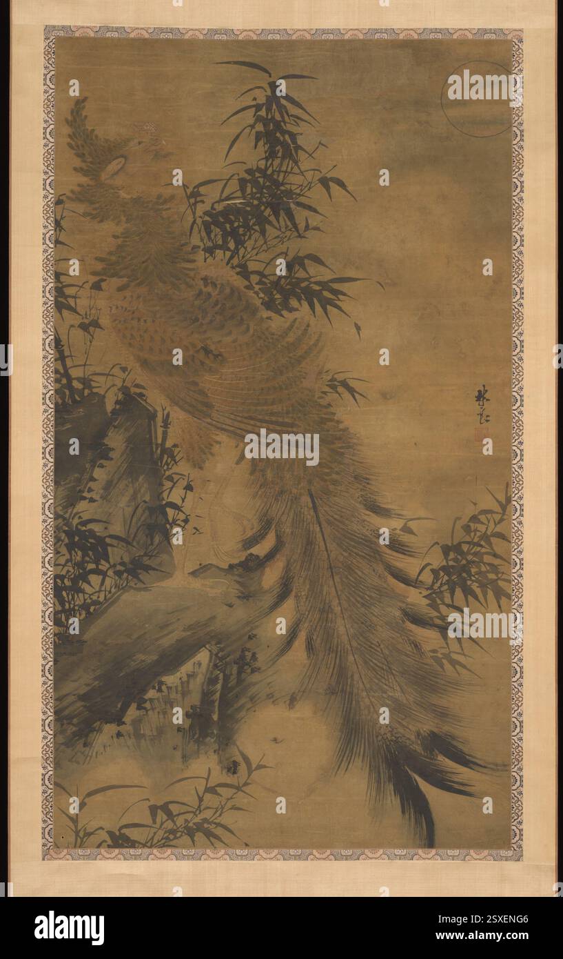 Pittura Fenghuang, attribuita a Lin Liang, cinese, Ming o dinastia Qing, raffigurante la leggendaria fenice, disegnata con inchiostro e colore sulla seta. L'uccello simboleggia l'armonia e la pace nella mitologia cinese, ambientata in stile cinese tradizionale. Foto Stock