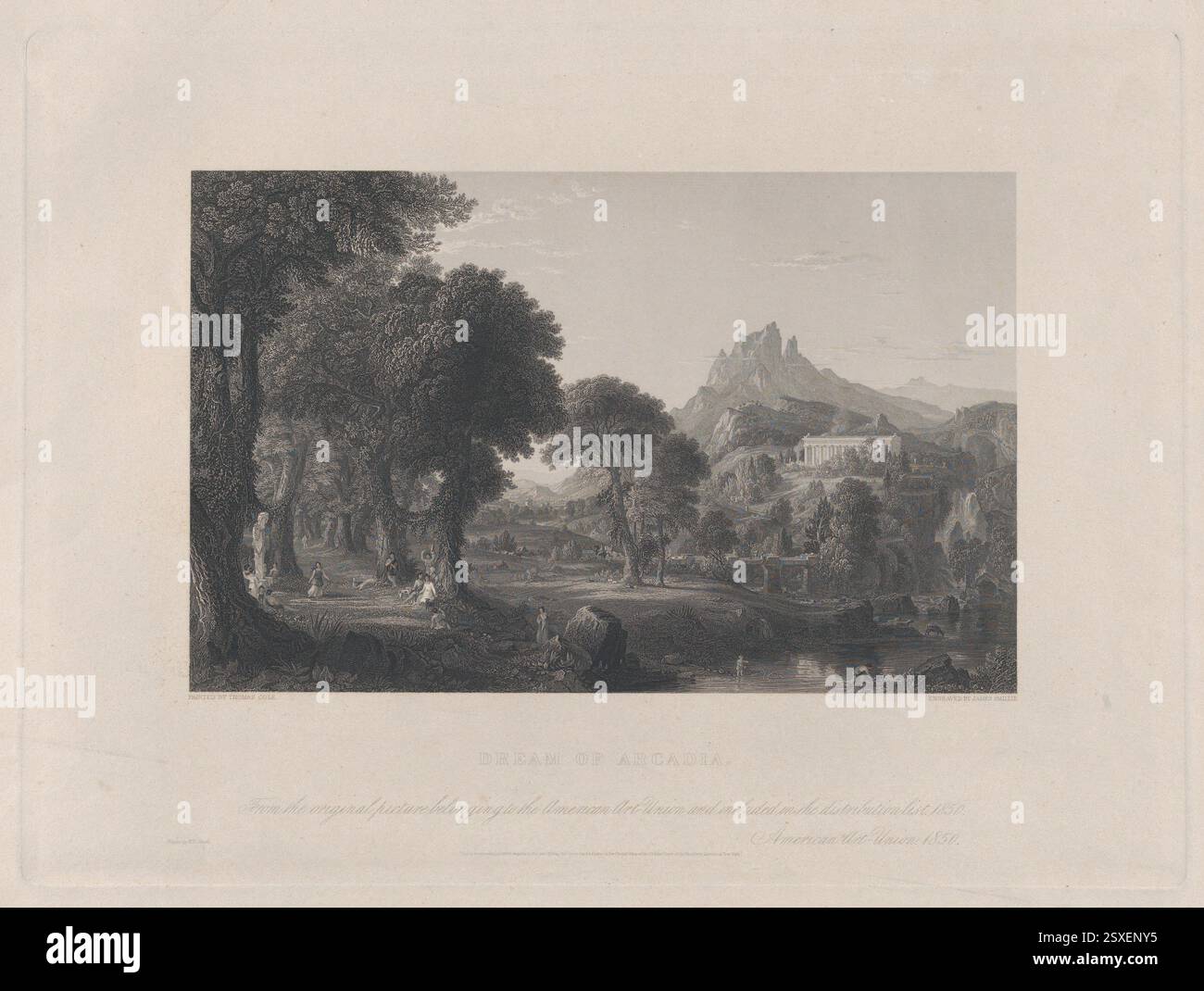 Dream of Arcadia vari artisti/creatori 1851 il paesaggio idilliaco di Cole include un tempio e figure che evocano il passato classico. Il relativo dipinto ad olio è stato acquisito dall'American Art-Union dopo la morte dell'artista nel 1848 (ora al Denver Art Museum). L'istituzione vantava quasi diciannove mila abbonati al suo apice nel 1849-50. Per un canone annuale di cinque dollari, ogni membro ricevette una grande stampa finemente incisa e fu inserito in una lotteria per vincere opere d'arte originali che furono esposte alla Galleria libera dell'Art-Union, così come il "sogno di Arcadia". Mirato a educare il pubblico Foto Stock