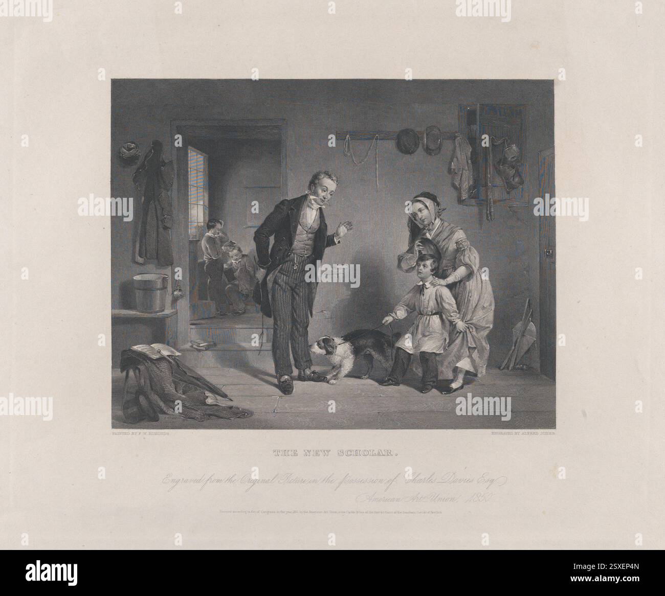 Il New Scholar Engraver Alfred Jones American dopo Francis William Edmonds American Publisher American Art-Union, New York American 1851 come madre consegna suo figlio a scuola per la prima volta, l'apprensione del ragazzo è rispecchiata dal cane di famiglia che annusa la gamba dell'insegnante. Quest'ultimo appare geniale, ma un interruttore parzialmente nascosto dietro le sue spalle indica un rigoroso disciplinario. La stampa fu pubblicata dall'American Art-Union, un'istituzione di New York che vantava quasi diciannove mila abbonati al suo apice nel 1849-50. Per una quota annuale di cinque dollari, ogni membro ha ricevuto una grande, f Foto Stock