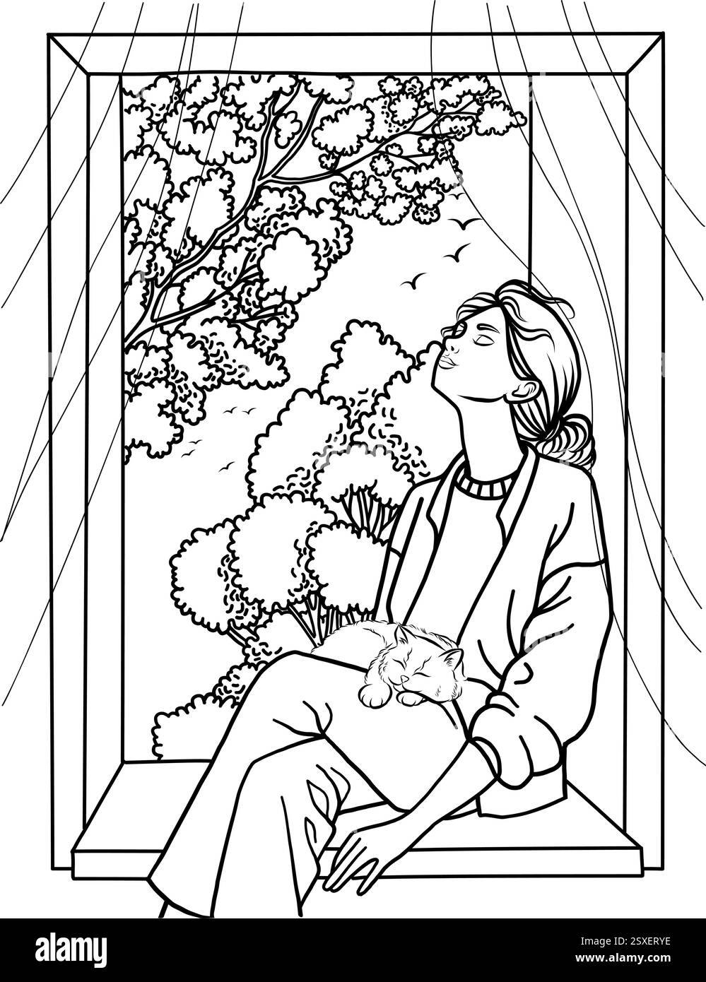 Pagina da colorare in primavera con ragazza alla finestra aperta Illustrazione Vettoriale