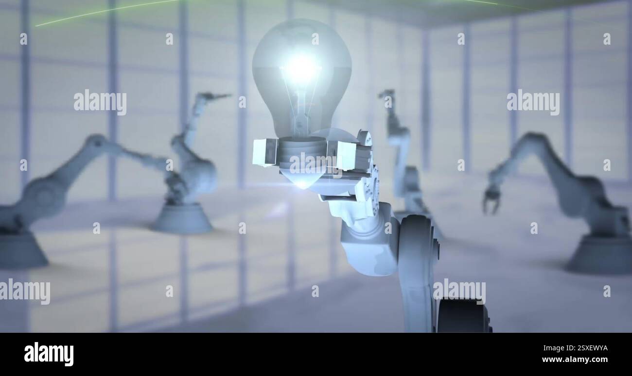 Immagine di icone mediche sul braccio del robot che raccolgono e tengono la lampadina illuminata in fabbrica Foto Stock