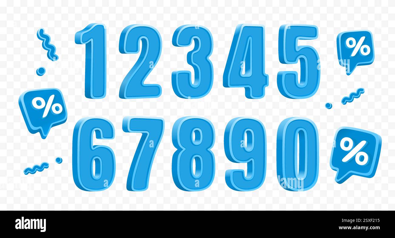 Numeri blu, simboli volumetrici, serie di numeri in vendita. Vettore Illustrazione Vettoriale