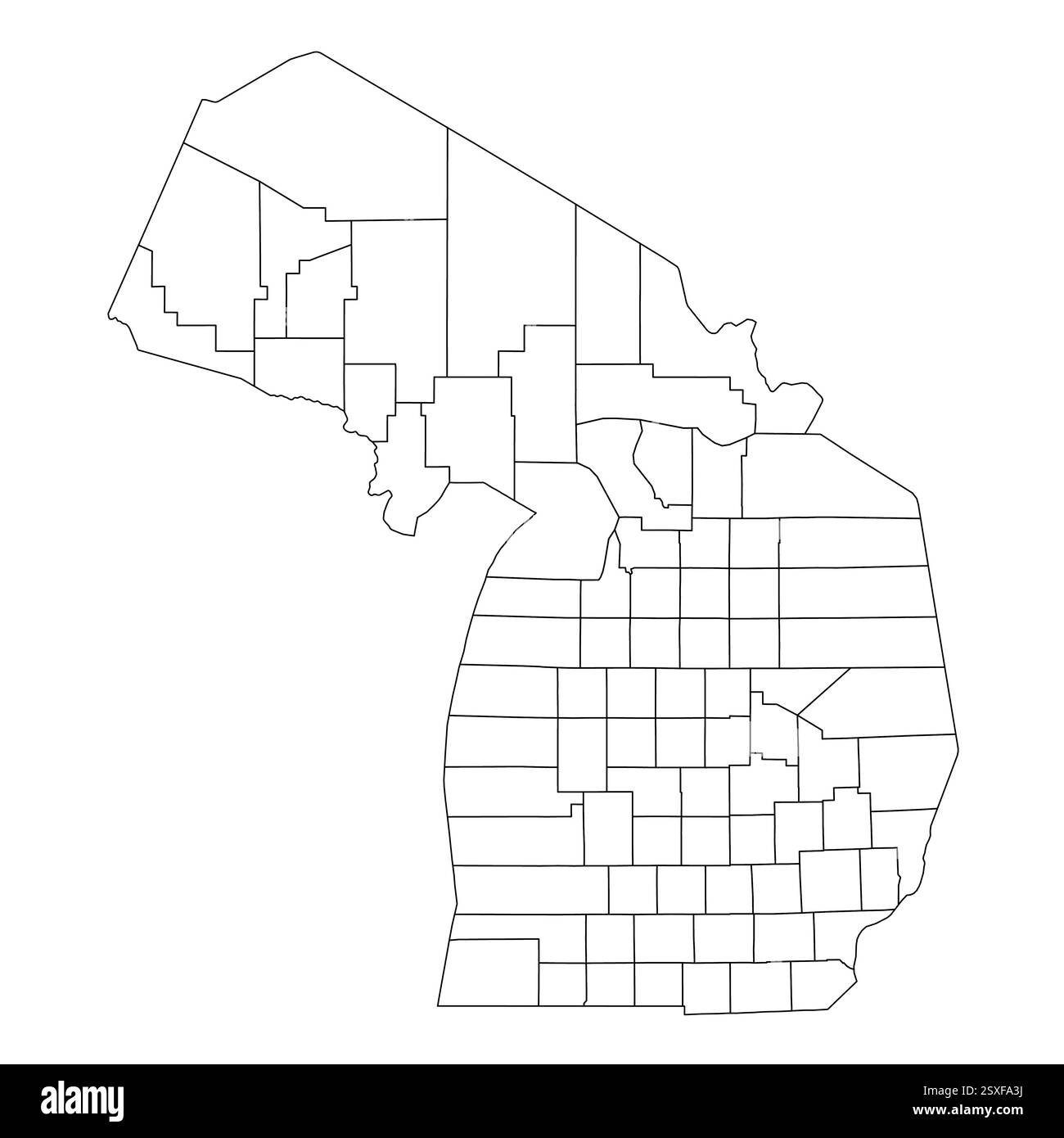 Michigan, mi - Mappa politica dettagliata dello stato degli Stati Uniti. Mappa amministrativa divisa in contee. Mappa del contorno nera vuota sottile. Illustrazione vettoriale Illustrazione Vettoriale