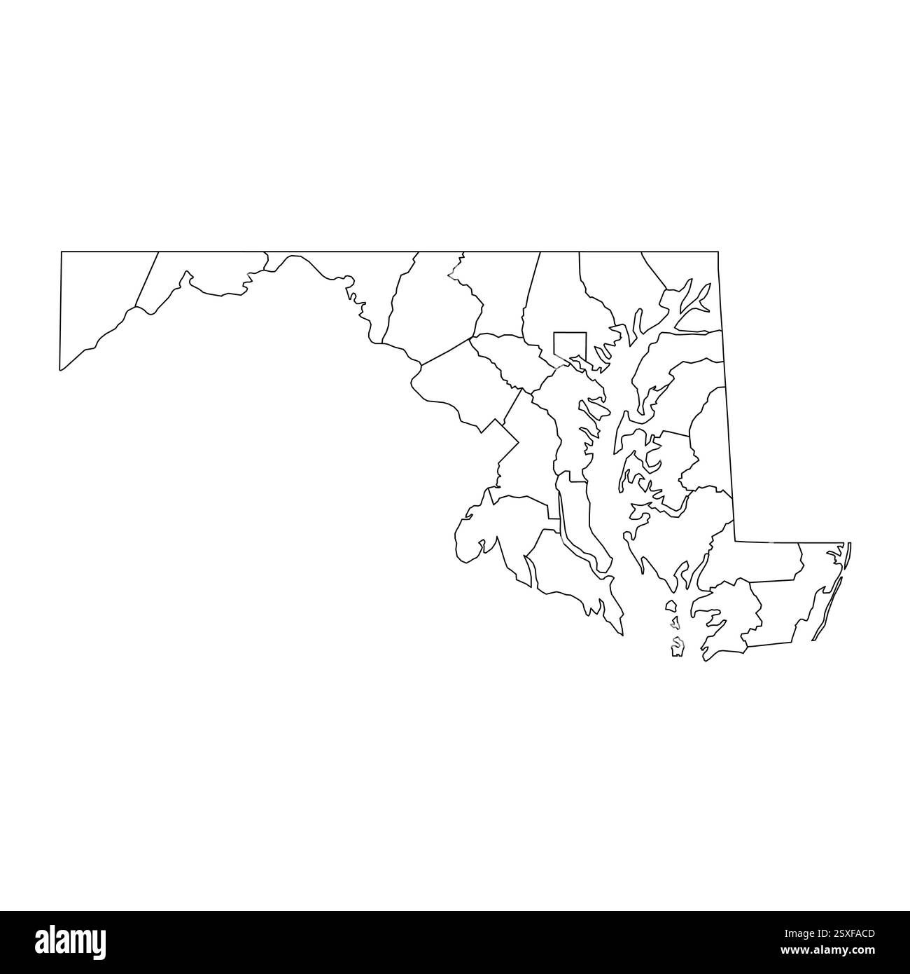 Maryland, MD - Mappa politica dettagliata dello stato degli Stati Uniti. Mappa amministrativa divisa in contee. Mappa del contorno nera vuota sottile. Illustrazione vettoriale Illustrazione Vettoriale