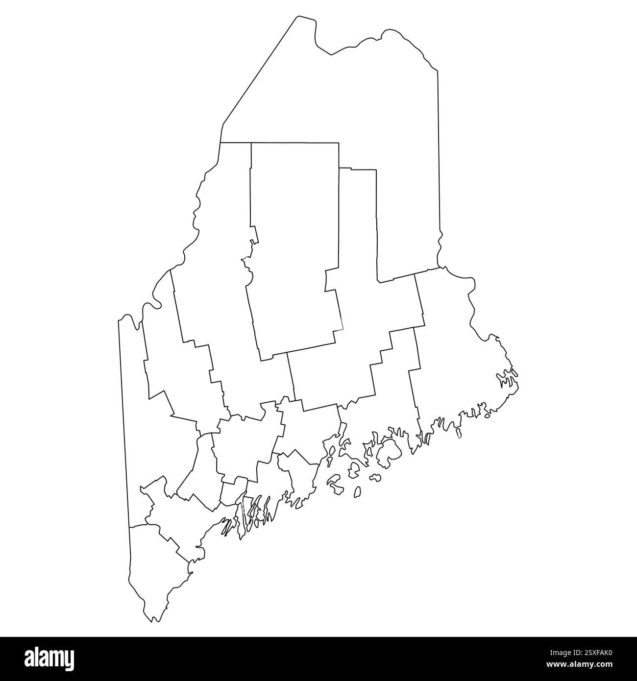 Maine, ME - Mappa politica dettagliata dello stato degli Stati Uniti. Mappa amministrativa divisa in contee. Mappa del contorno nera vuota sottile. Illustrazione vettoriale Illustrazione Vettoriale