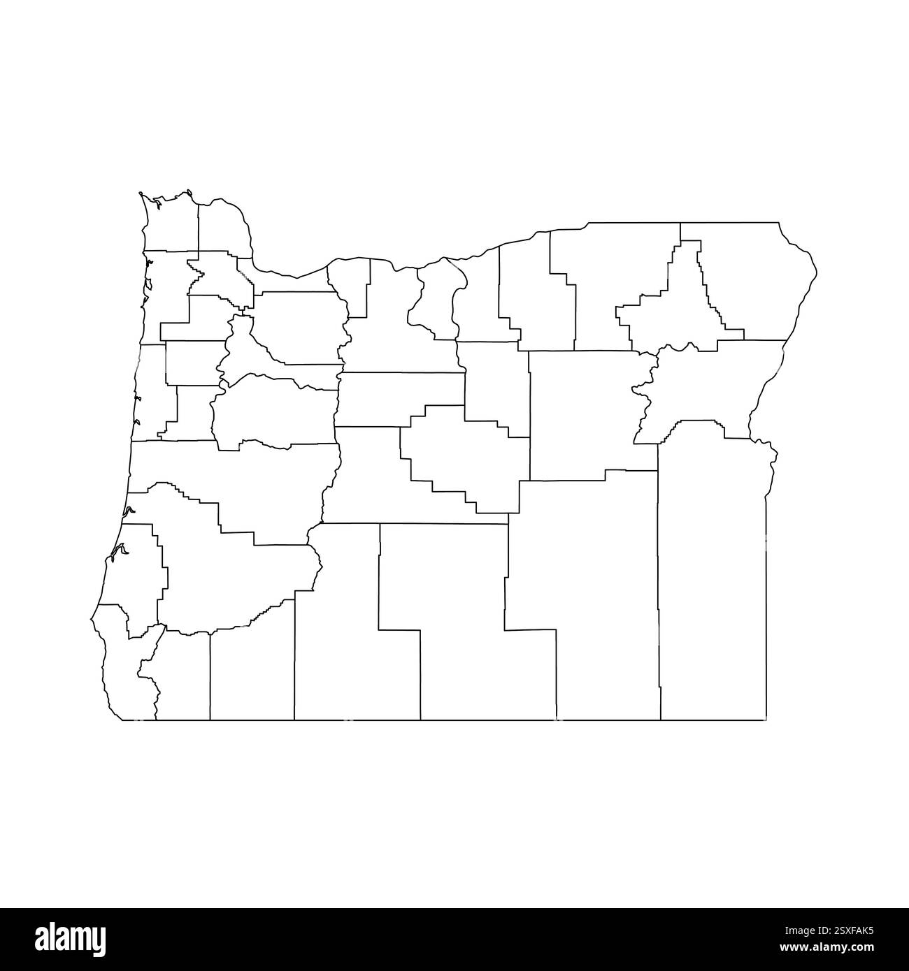 Oregon, OR - Mappa politica dettagliata dello stato degli Stati Uniti. Mappa amministrativa divisa in contee. Mappa del contorno nera vuota sottile. Illustrazione vettoriale Illustrazione Vettoriale