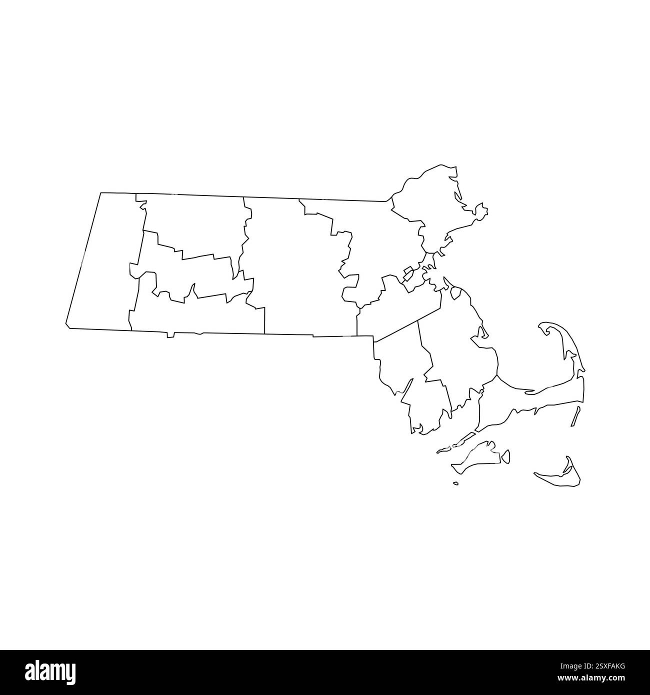 Massachusetts, ma - Mappa politica dettagliata dello stato degli Stati Uniti. Mappa amministrativa divisa in contee. Mappa del contorno nera vuota sottile. Illustrazione vettoriale Illustrazione Vettoriale