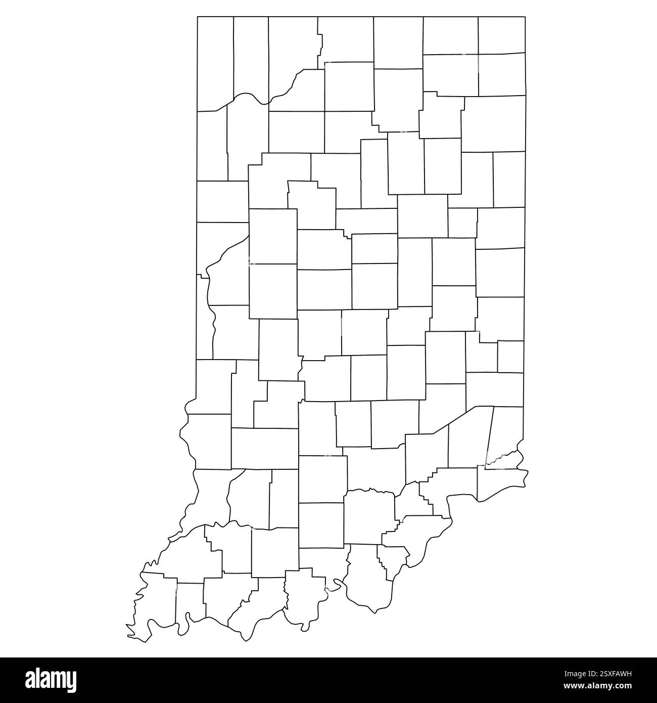 Indiana, IN - dettagliata mappa politica dello stato degli Stati Uniti. Mappa amministrativa divisa in contee. Mappa del contorno nera vuota sottile. Illustrazione vettoriale Illustrazione Vettoriale