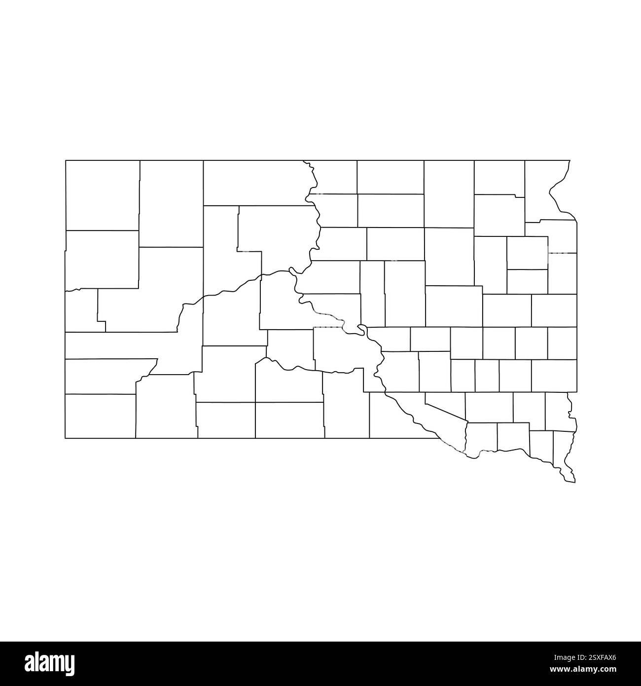 South Dakota, SD - Mappa politica dettagliata dello stato degli Stati Uniti. Mappa amministrativa divisa in contee. Mappa del contorno nera vuota sottile. Illustrazione vettoriale Illustrazione Vettoriale