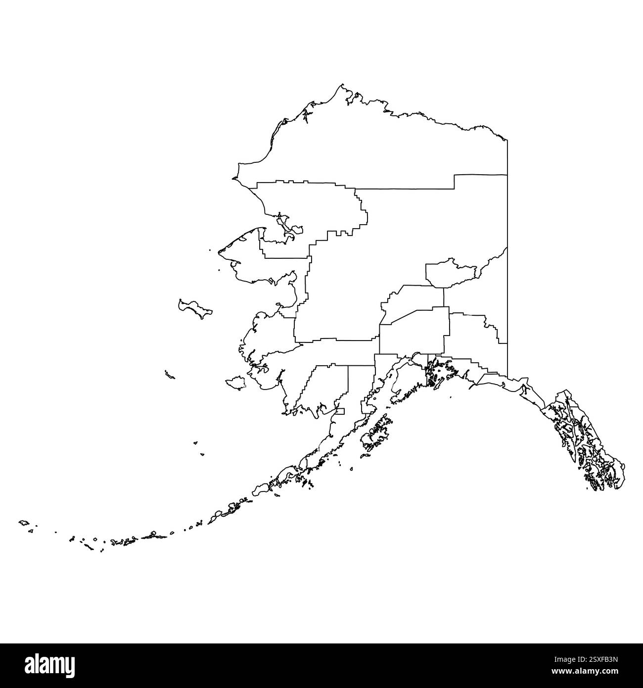 Alaska, AK - Mappa politica dettagliata dello stato degli Stati Uniti. Mappa amministrativa divisa in contee. Mappa del contorno nera vuota sottile. Illustrazione vettoriale Illustrazione Vettoriale