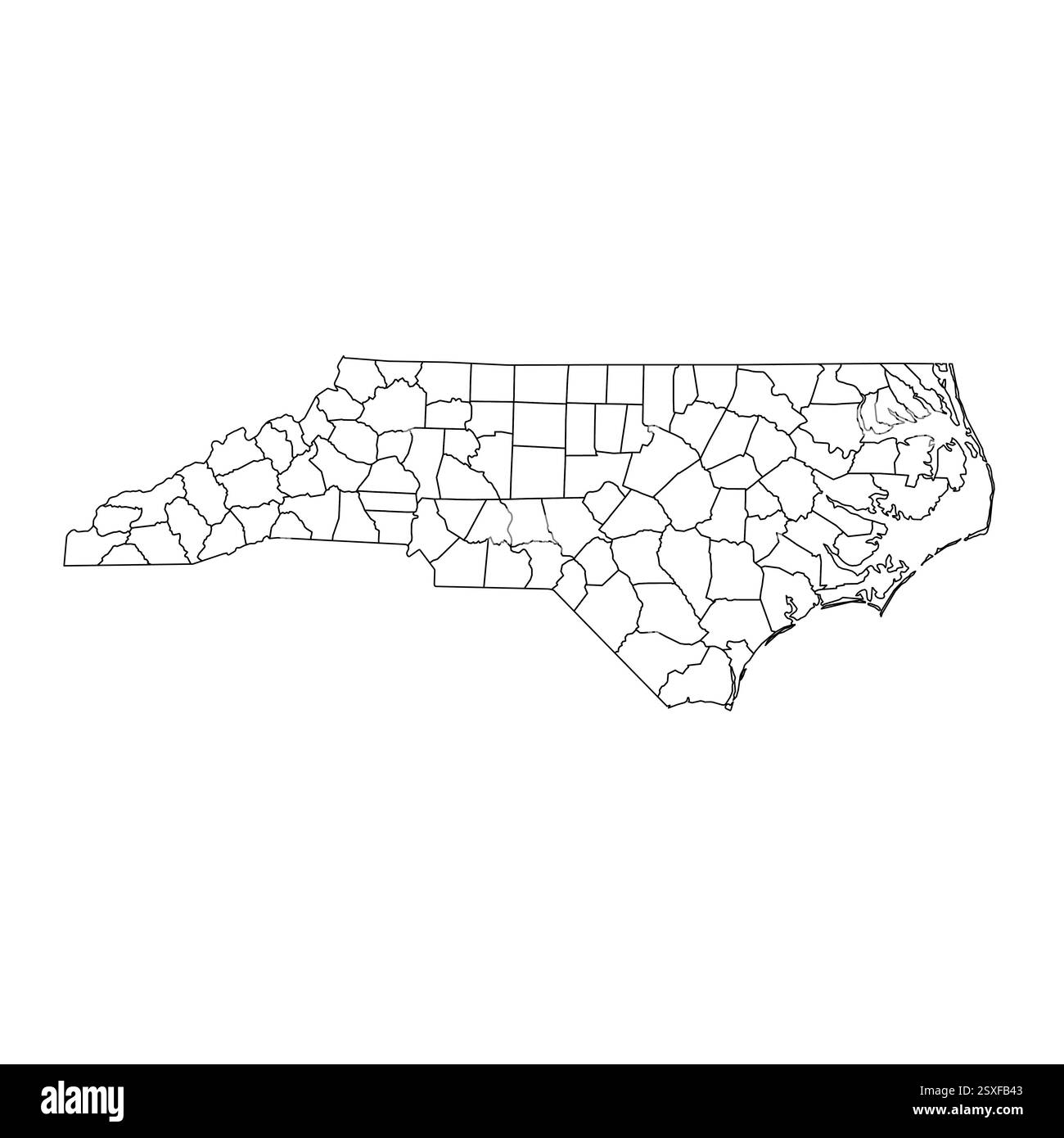 North Carolina, NC - Mappa politica dettagliata dello stato degli Stati Uniti. Mappa amministrativa divisa in contee. Mappa del contorno nera vuota sottile. Illustrazione vettoriale Illustrazione Vettoriale