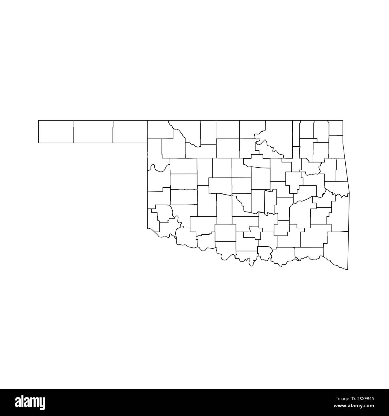 Oklahoma, OK - Mappa politica dettagliata dello stato degli Stati Uniti. Mappa amministrativa divisa in contee. Mappa del contorno nera vuota sottile. Illustrazione vettoriale Illustrazione Vettoriale