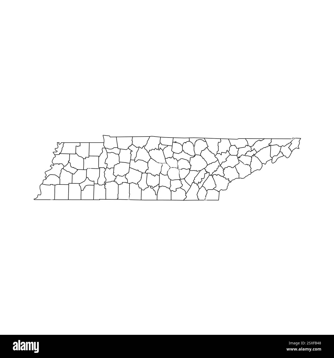 Tennessee, TN - Mappa politica dettagliata dello stato degli Stati Uniti. Mappa amministrativa divisa in contee. Mappa del contorno nera vuota sottile. Illustrazione vettoriale Illustrazione Vettoriale