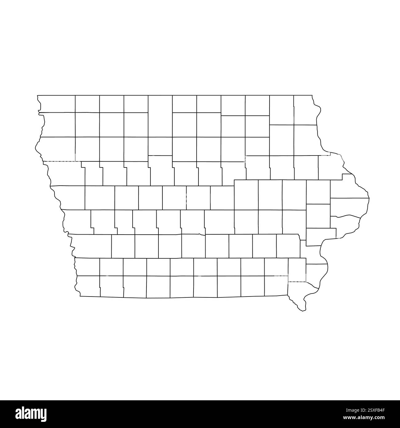 Iowa, IA - Mappa politica dettagliata dello stato degli Stati Uniti. Mappa amministrativa divisa in contee. Mappa del contorno nera vuota sottile. Illustrazione vettoriale Illustrazione Vettoriale