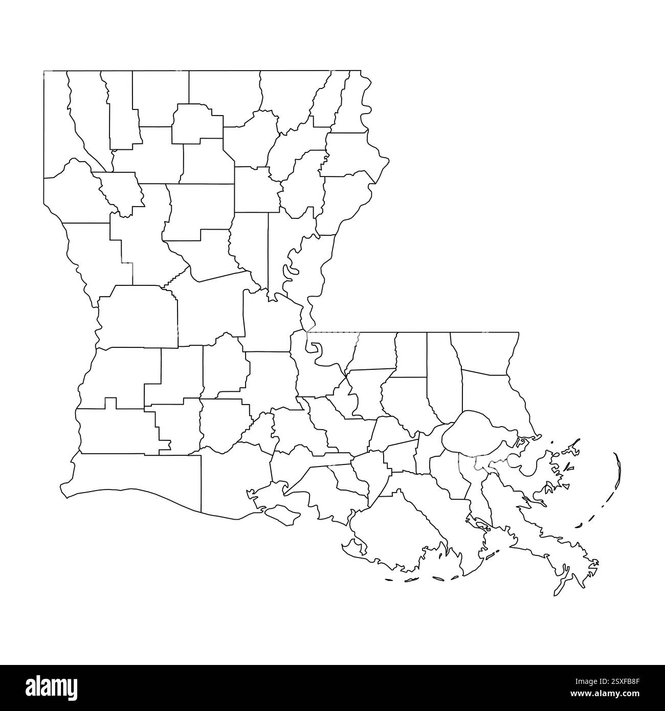 Louisiana, Louisiana - Mappa politica dettagliata dello stato degli Stati Uniti. Mappa amministrativa divisa in contee. Mappa del contorno nera vuota sottile. Illustrazione vettoriale Illustrazione Vettoriale