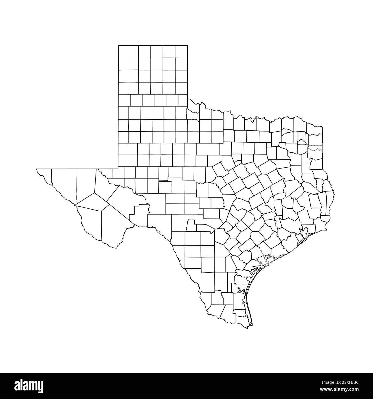 Texas, TX - Mappa politica dettagliata dello stato degli Stati Uniti. Mappa amministrativa divisa in contee. Mappa del contorno nera vuota sottile. Illustrazione vettoriale Illustrazione Vettoriale