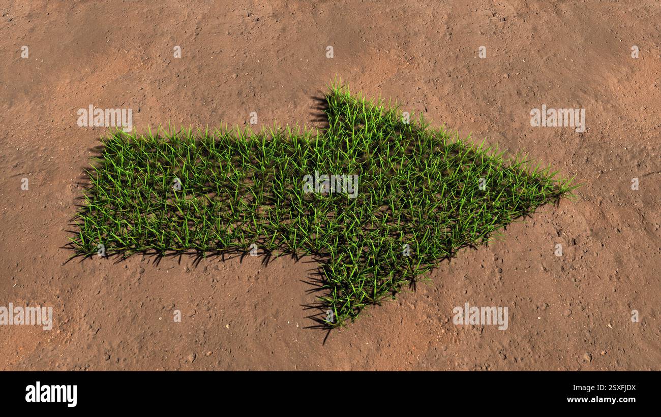 Concetto o concettuale verde prato estate erba simbolo forma su terreno marrone o sfondo terra, segnaletica stradale. 3d metafora di illustrazione per la navigazione Foto Stock