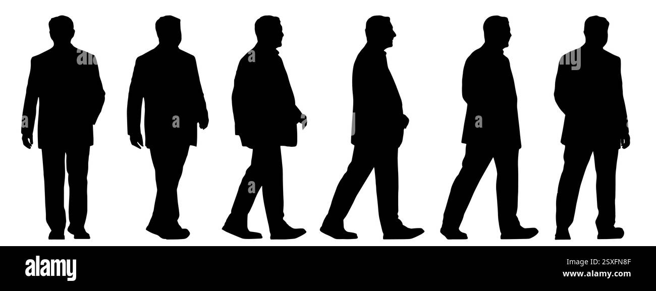 Concept vettoriale silhouette nera concettuale di un uomo d'affari da diverse prospettive isolata su sfondo bianco. Una metafora del successo Illustrazione Vettoriale