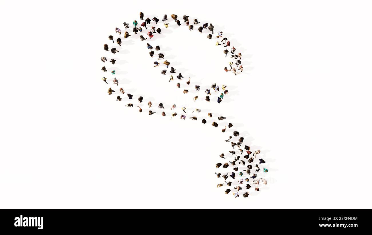 Concetto o grande riunione concettuale di persone che formano un'immagine di uno stetoscopio su sfondo bianco. Una metafora dell'illustrazione 3d per un controllo Foto Stock