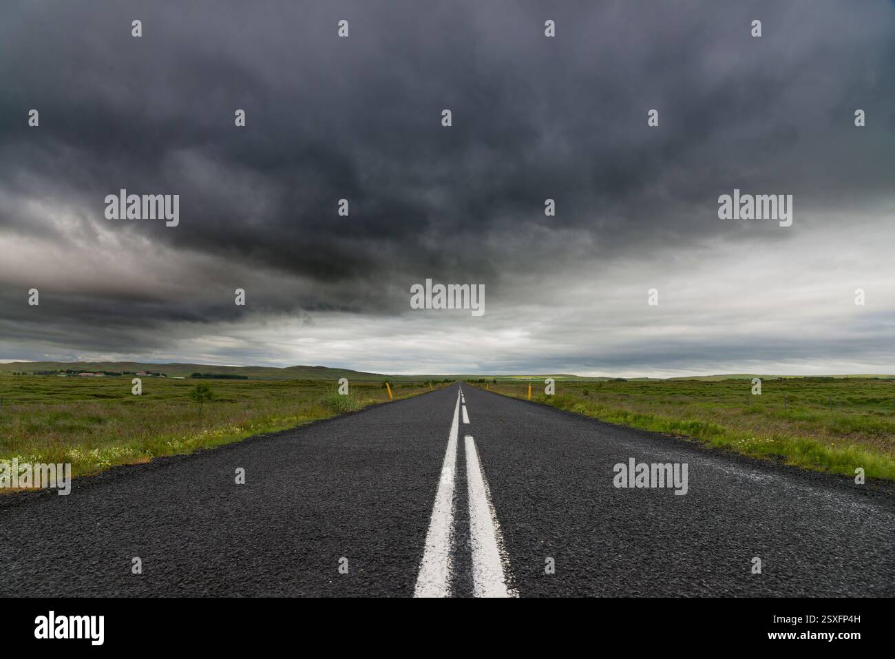 Strada del deserto in un paesaggio islandese Foto Stock