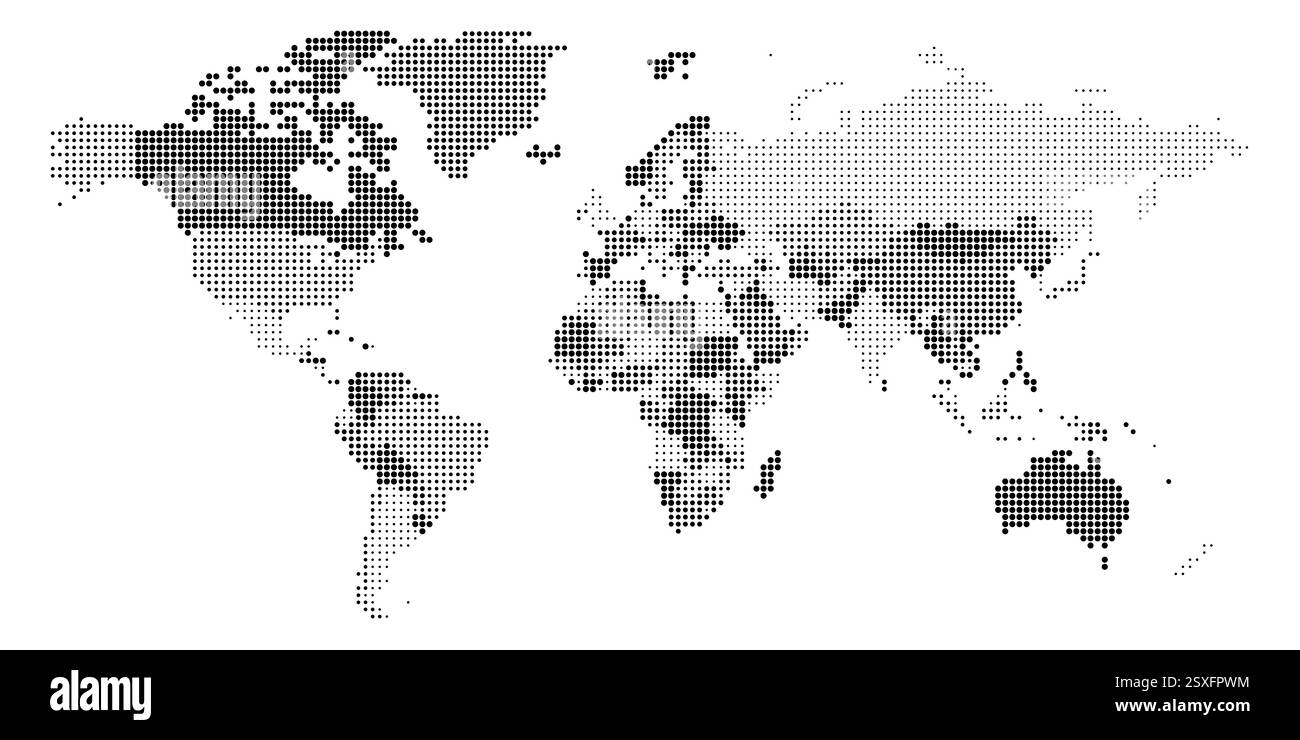 Una mappa politica dettagliata del mondo rappresentata da punti illustra i confini e le regioni politiche globali. Ogni area è evidenziata visivamente, sottolineando le distinzioni geografiche. Illustrazione Vettoriale