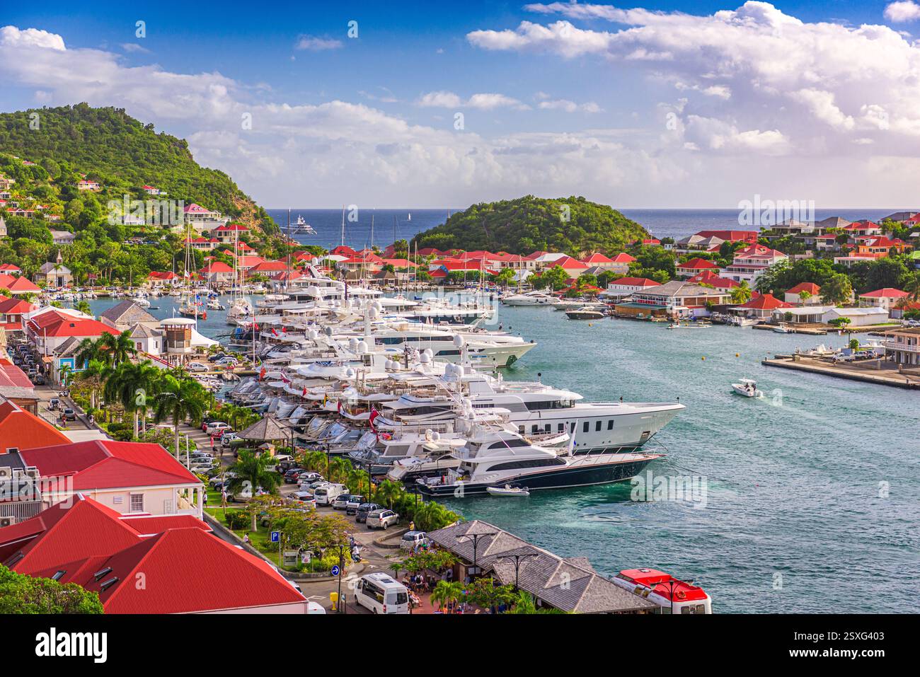 Gustavia, skyline della città di St. Barths al porto. Foto Stock
