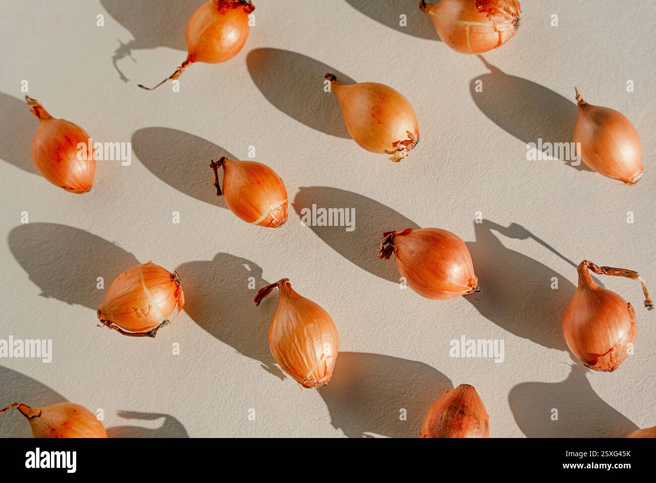 Set di cipolle su sfondo beige, concetto di vita lenta ed ecologica, texture vegetariana Foto Stock