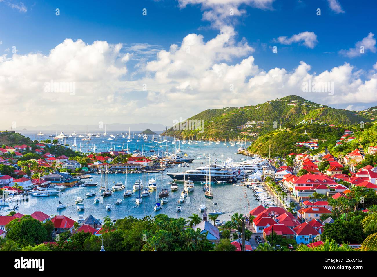 Gustavia, skyline della città di St. Barths al porto. Foto Stock