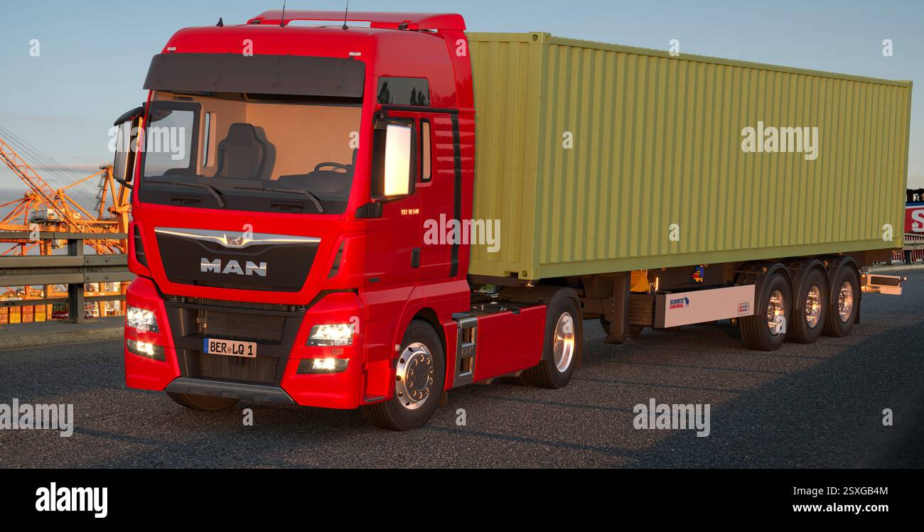 Camion MAN TGX con container Foto Stock