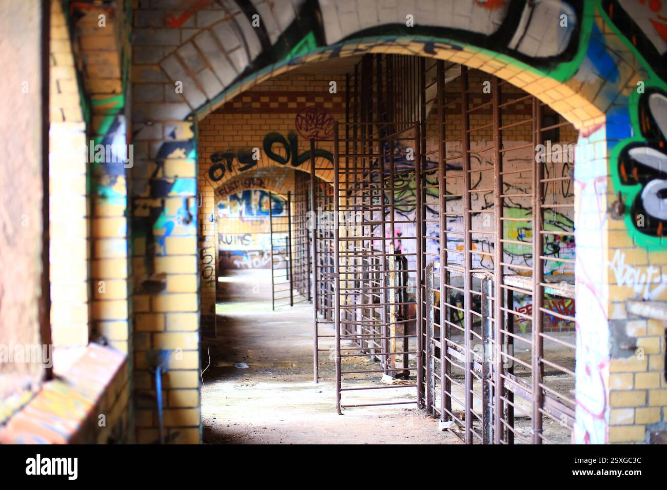 Corridoio di graffiti ad arco con celle arrugginite, pareti vivaci e mattoni in decadenza. Foto Stock
