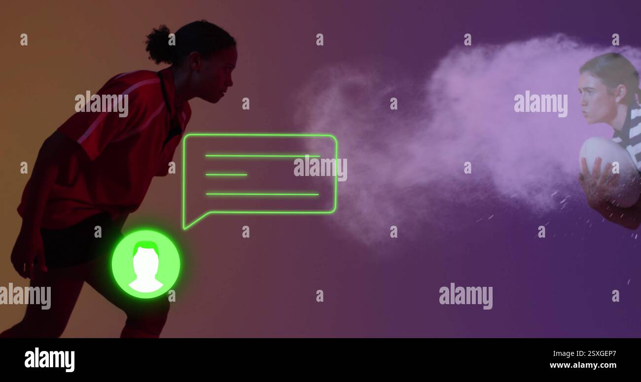 Immagine di icone dei media su diverse giocatrici di rugby Foto Stock