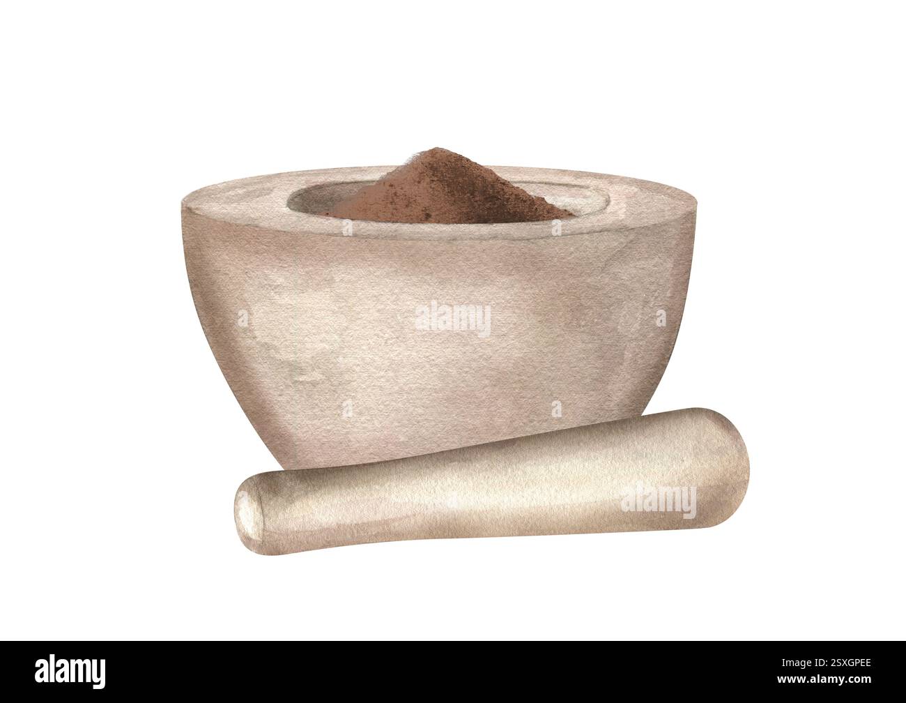 Mucchio di spezie marroni schiacciate in mortaio di pietra e pestello di granito giacente nelle vicinanze illustrazione acquerello sfondo isolato. Condimento aromatico Foto Stock